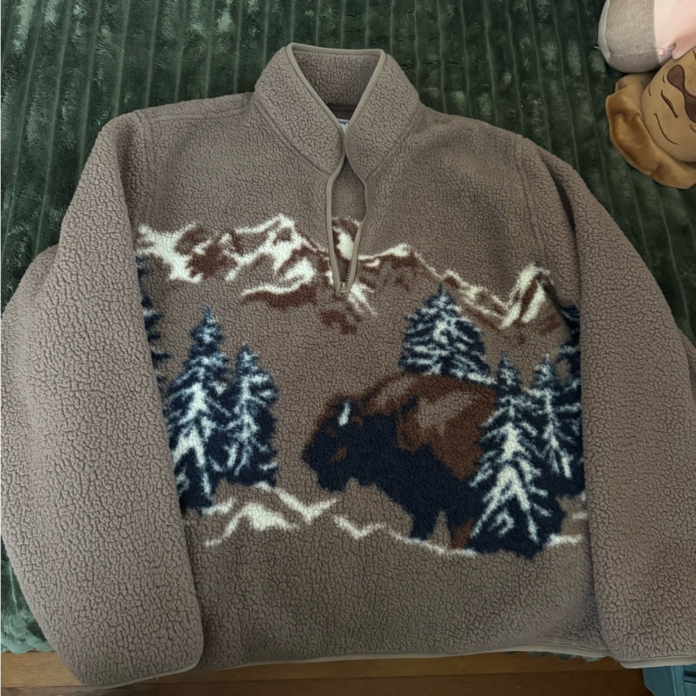 Old Navy Sherpa Zip Pullover with Mountain & Bison Motif